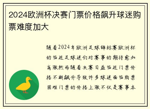 2024欧洲杯决赛门票价格飙升球迷购票难度加大